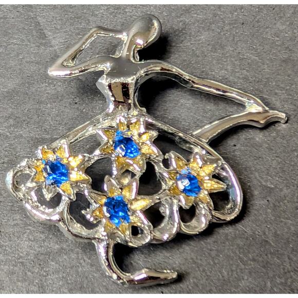 Vtg Ballerina Silvertone Pin Brooch 1.5" GERRY'S SIGNED Blue Rhinestones Dancer - Picture 5 of 7